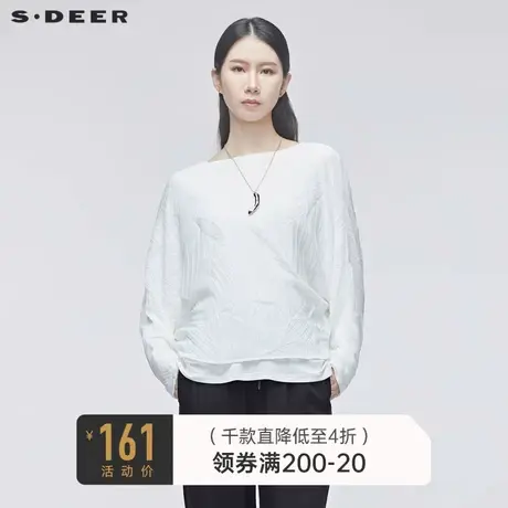 sdeer圣迪奥秋宽松肌理褶皱蝙蝠袖白色休闲长袖T恤女S20180225图片
