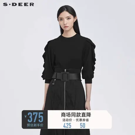 sdeer圣迪奥秋装女装罗纹圆领波浪黑色中袖针织衫S22183516图片