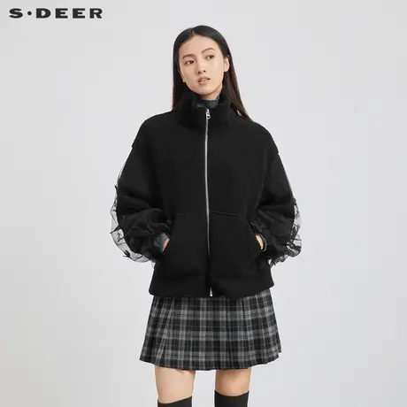 sdeer圣迪奥女装立领网纱绣花摇粒绒外套S224Z2203图片