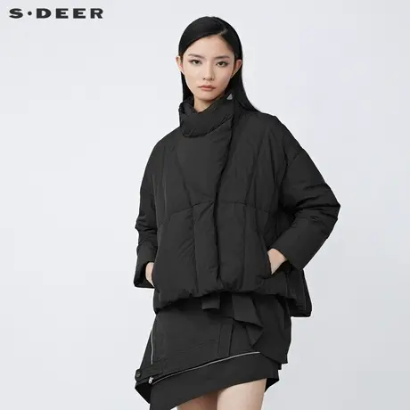 sdeer圣迪奥女装休闲高领斜襟不规则短款黑色羽绒服S21482431图片