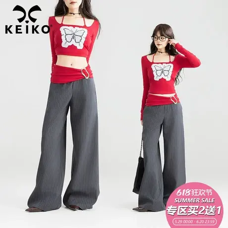 KEIKO 拼色腰头宽松条纹西裤女25春季新款垂坠竖纹显瘦阔腿休闲裤商品大图