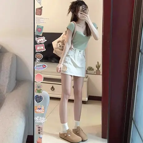 冰丝针织正肩短袖t恤女夏季薄款修身高级感短款特别漂亮掐腰上衣图片