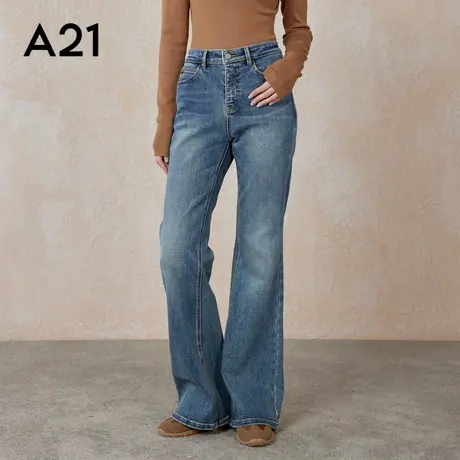 A21女装合体弹力高腰喇叭牛仔长裤春季水洗做旧高街ins风复古长裤商品大图