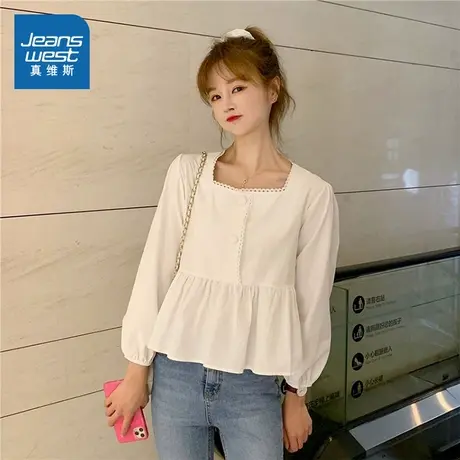 LE真维斯女装长袖衬衫 2025新款简约百搭方领花边宽松长袖衬衫女图片