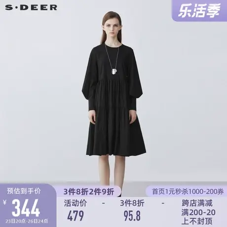 sdeer圣迪奥女装春秋款圆领抽褶喇叭袖宽松长袖连衣裙S21361211商品大图