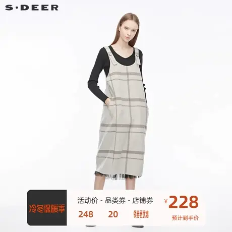 sdeer圣迪奥新款英伦风撞色格纹插袋直筒背带裙S19481213商品大图