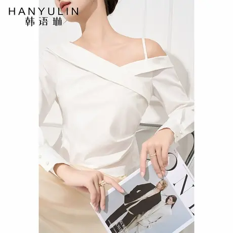 法式气质长袖衬衫女2025新款女春秋季白色设计个小众短款斜肩上衣图片