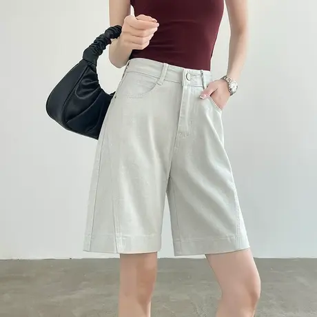 渣渣灰五分牛仔短裤女夏季薄款高腰宽松显瘦a字阔腿休闲直筒中裤商品大图