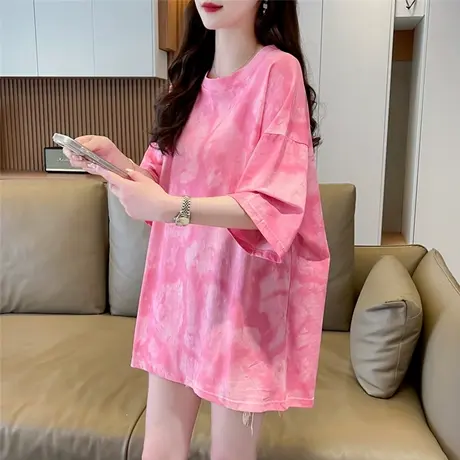 渐变色扎染短袖t恤女夏季韩版宽松大码女装中长款纯棉涂鸦上衣服图片