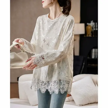 宝诗黎圆领蕾丝拼接提花雪纺衫2025春季慵懒气质百搭洋气减龄上衣图片