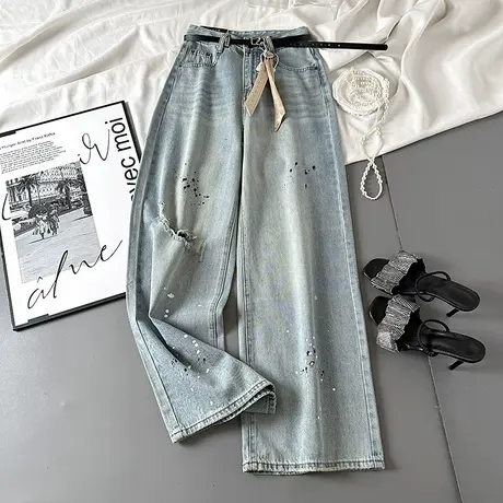 破洞喷漆亮片设计感牛仔裤女韩版辣妹高街显瘦百搭直筒裤阔腿长裤商品大图