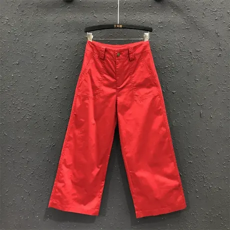 欧货大红色高腰七分裤女夏季新品棉质简约休闲薄款显瘦阔腿直筒裤图片