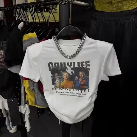 韩国东大门夏季新款美式复古印花褶皱修身垫肩短袖t恤短款上衣女商品大图