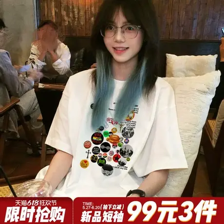 oversize美式复古风徽章印花黑色短袖t恤女宽松百搭休闲正肩上衣商品大图