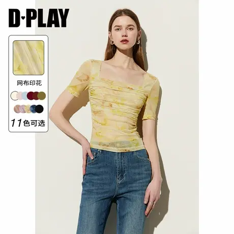 DPLAY夏通勤黄色印花方领捏褶设计亲肤弹力百搭小衫打底上衣女商品大图