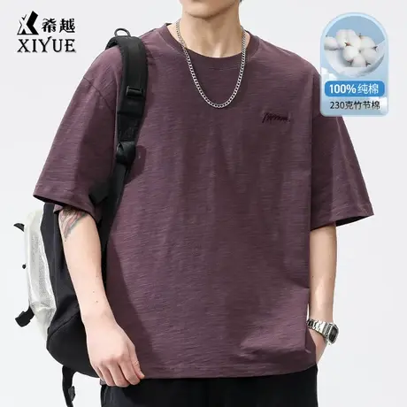 透气竹节棉短袖T恤男士2025夏季新款230g重磅酱紫色宽松体恤衫男图片