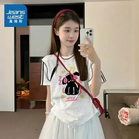 G2真維斯女裝2025年夏新款重磅纯棉圆领宽松插肩撞色拼接短袖T恤商品大图