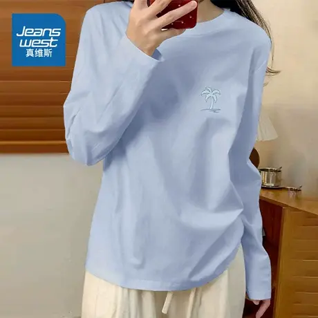 HG真维斯打底衫女2025新款学院风长袖上衣秋季小个子简约纯棉t恤商品大图