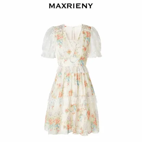 【奥莱】MAXRIENY雪纺碎花裙泡泡袖蕾丝连衣裙V领图片