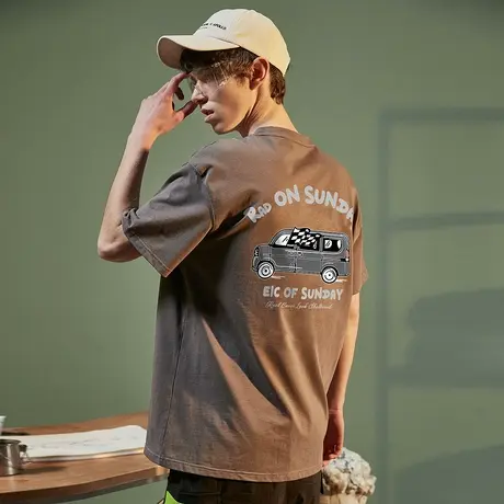 唐狮春夏新款男短袖T恤后背印花宽松圆领上衣潮半袖内搭打底t图片