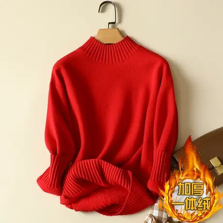 秋冬加绒毛衣女加厚一体绒内搭宽松半高领套头打底针织衫保暖上衣图片