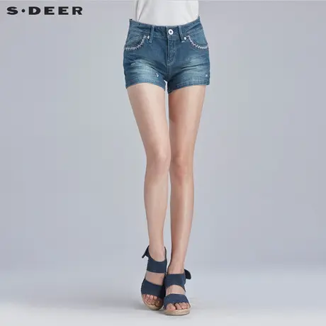 sdeer圣迪奥女装夏装民族手工绣花水洗磨白休闲牛仔短裤S16280940图片