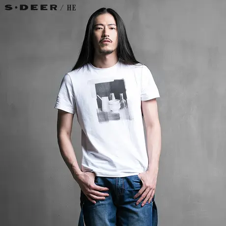 sdeerhe圣迪奥男装夏装舒适时尚休闲黑白印花短袖T恤H15270110图片