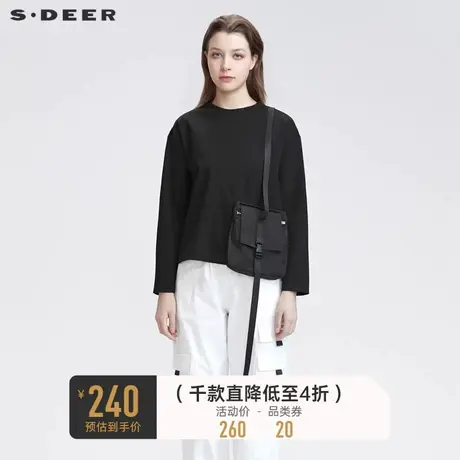 sdeer圣迪奥女装时尚圆领拼接口袋黑色长袖T恤S22180201图片
