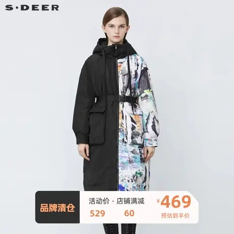 sdeer圣迪奥女装高领连帽涂鸦印花收腰长款羽绒服S21482423🔁商品大图