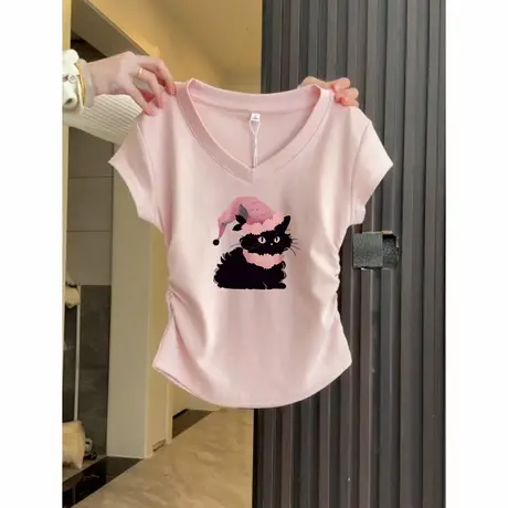 v领修身显瘦短款t恤粉色小猫印花纯棉正肩抽褶短袖小上衣女生夏季商品大图