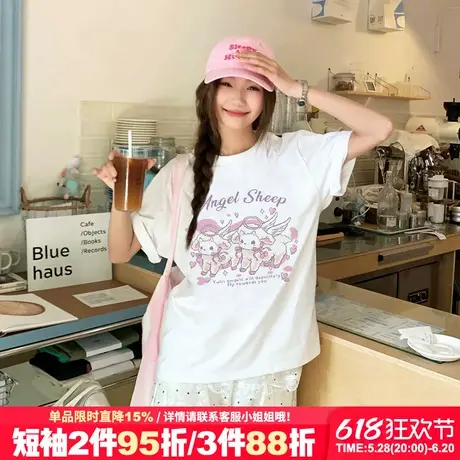 chic甜美风纯棉白色t恤女2025新款宽松正肩设计感百搭半袖上衣夏图片
