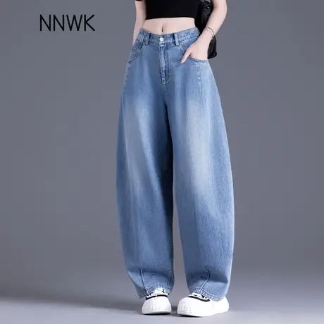 美式蓝色牛仔裤女夏薄款2025新款宽松bf慵懒风弯刀裤小个子镰刀裤商品大图