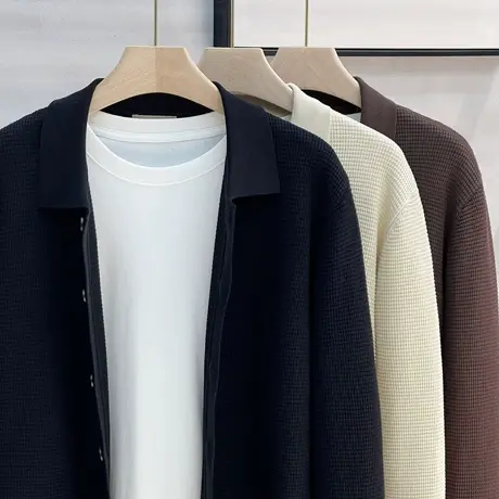 条纹提花设计翻领纽扣保暖毛衫春秋开衫毛衣男装学院风外套针织衫图片