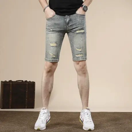 复古破洞补丁夏季牛仔短裤男五分裤2024新款修身弹力男士中裤外穿图片