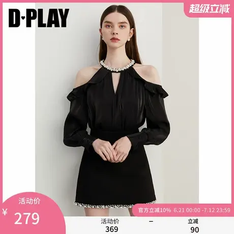 DPLAY2025夏季新款休闲黑色圆领珠链雪纺衫气质百搭长袖上衣女商品大图