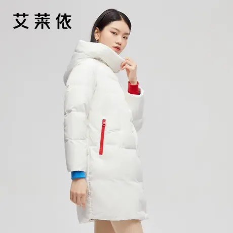 艾莱依冬季新款个性撞色连帽羽绒服女中长款白色大衣冬装外套商品大图