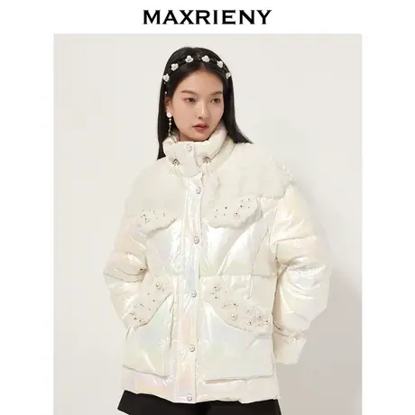 MAXRIENY亮面白鸭绒外套冬季毛绒拼接加厚泡芙羽绒服女商品大图