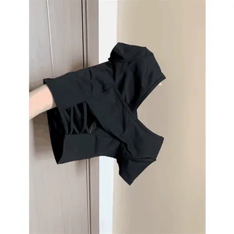 纯欲风辣妹正肩短袖T恤女夏季镂空美背带胸垫打底小衫短款上衣服商品大图