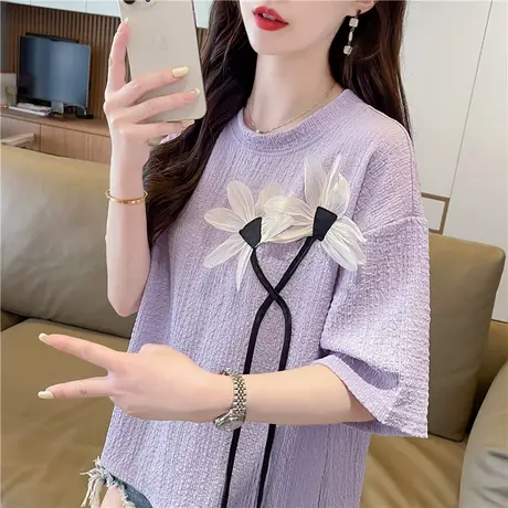 设计感小众短袖t恤女夏季韩版宽松大码女装褶皱肌理感半袖上衣服图片