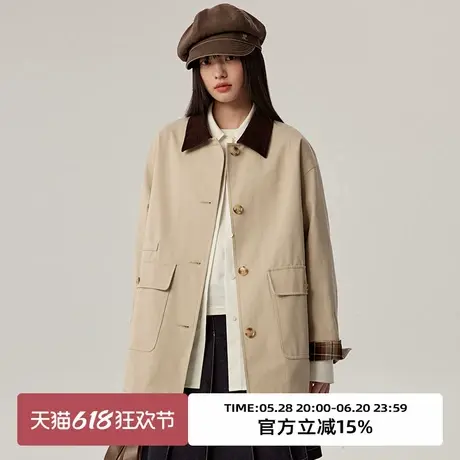 omont蛋挞家复古巴恩风撞色领风衣外套2025春宽松廓形中长款上衣商品大图