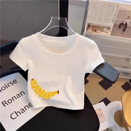 白色香蕉印花正肩夏季短袖t恤女2025设计感女生紧身修身短款上衣商品大图