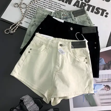 韩版皮牌弹力修身牛仔短裤女2024夏季新款高腰显瘦辣妹包臀热裤潮图片