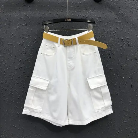 艾天丽欧货潮牌大口袋休闲工装牛仔裤女高腰显瘦时尚阔腿五分短裤商品大图