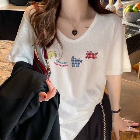 白色胖mm竹节棉趣味印花短袖t恤女V领薄款大码宽松遮肚上衣ins潮商品大图