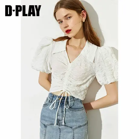 DPLAY德帕拉夏季新款甜美短款抽绳上衣复古泡泡袖短袖小衫商品大图