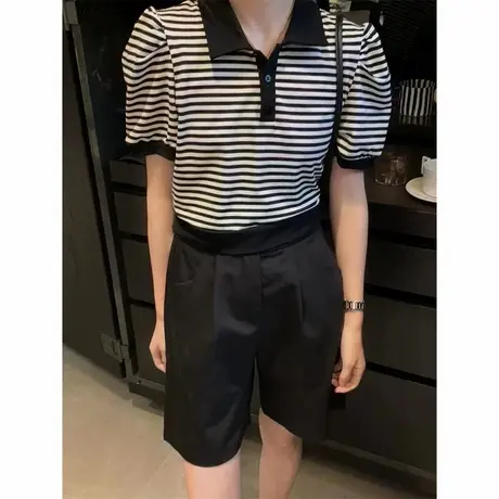 韩系后背系带设计感撞色条纹polo翻领短袖T恤女夏季别致短款上衣商品大图