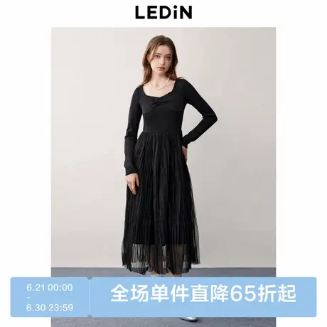 乐町芭蕾风吊带连衣裙秋季新款针织拼接网纱裙仙女感小黑裙商品大图