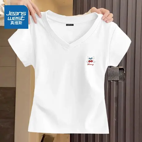 HG真维斯抗菌短袖女t恤2025新款夏季冰丝凉感v领半袖女士简约上衣商品大图