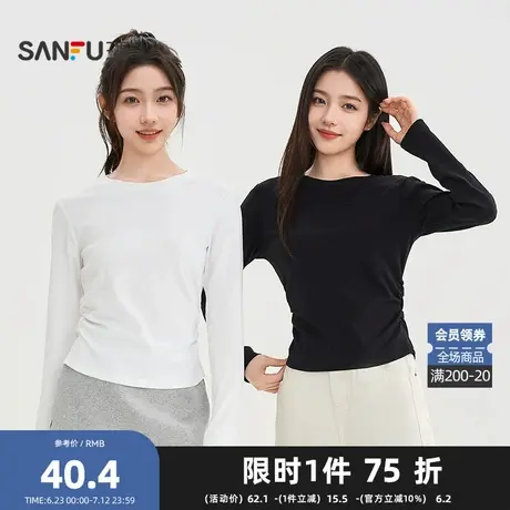 三福长T恤2025秋季褶皱弧形下摆圆领休闲上衣女装504216商品大图