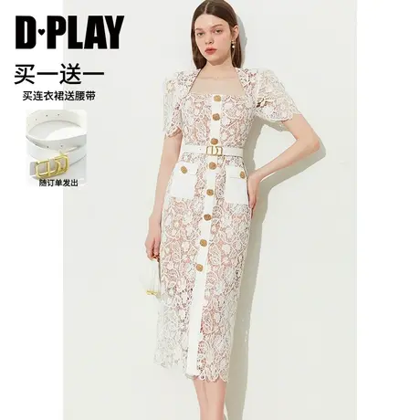 DPLAY黑标年黑标名媛时尚白水溶蕾丝立体金属扣高腰连衣裙商品大图